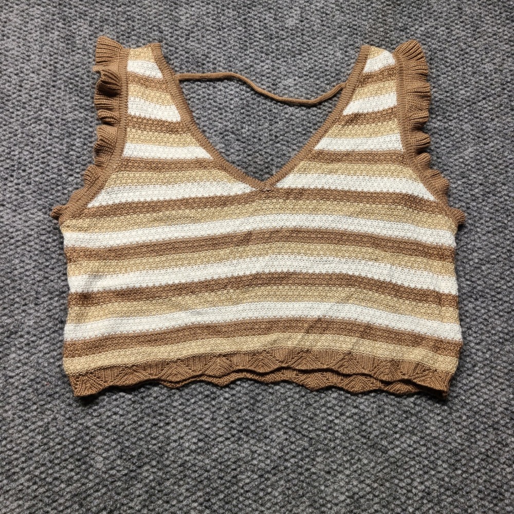 Madden NYC Women XL Brown White Striped Ruffle Knit Crop Tank Top NS336D
